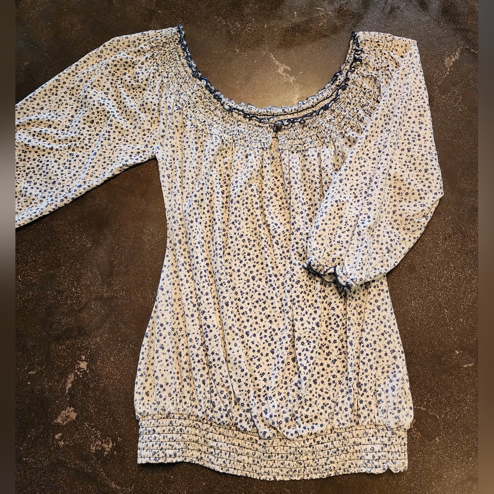 Blue and White Ruffled Blouse with Relaxed Fit